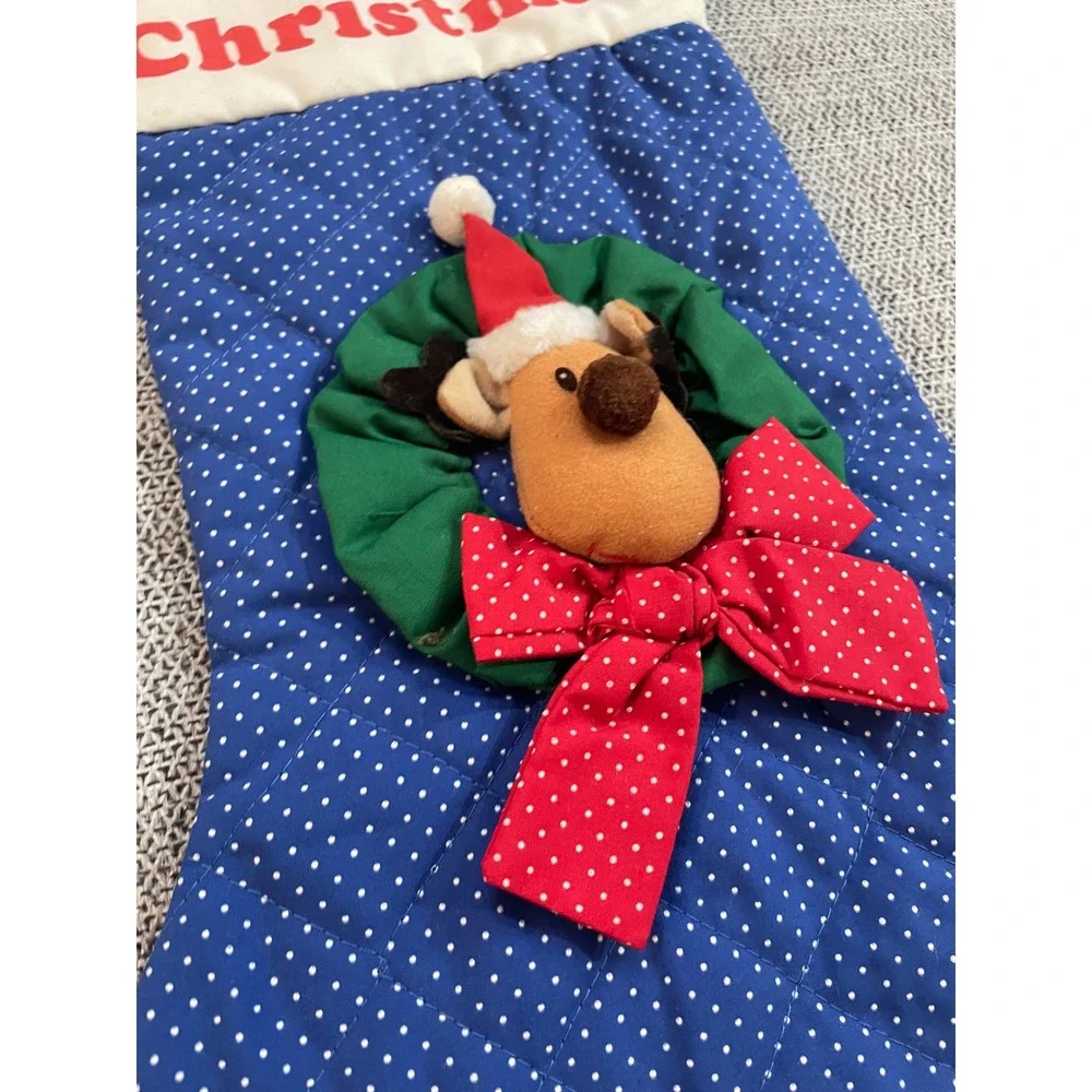 Russ Christmas Stocking‎ Blue Polka Dot Reindeer Wreath Merry Christmas Holiday